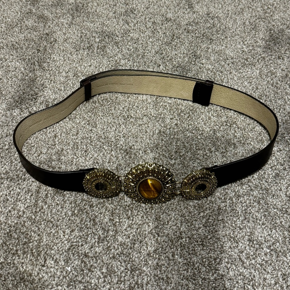 Chico’s Brown Genuine Leather Gold Finish Hook Buckle Belt Sz ML Faux Tiger Eye